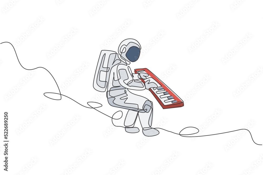 Poster one single line drawing of spaceman playing keyboard musical instrument in deep space graphic vector