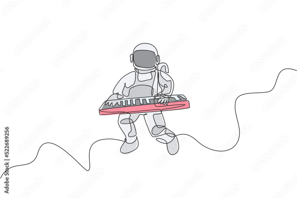 Poster single continuous line drawing of astronaut keyboardist playing keyboard musical instrument in cosmi