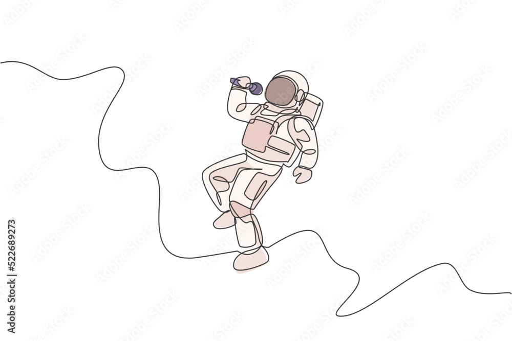 Poster one continuous line drawing of astronaut singer with spacesuit singing a song in galaxy universe. ou