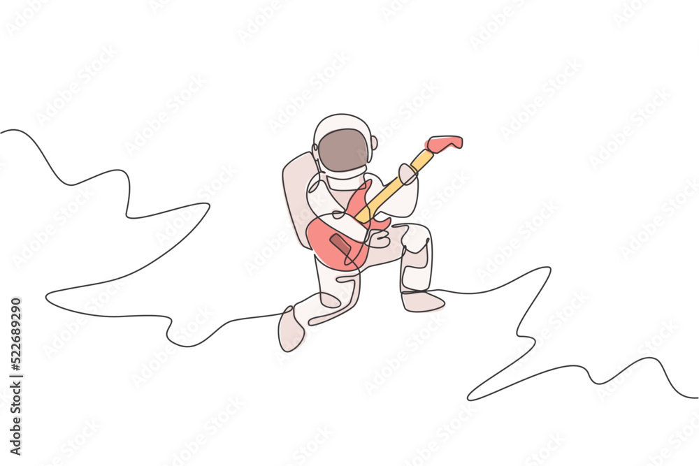 Poster one continuous line drawing of astronaut with spacesuit playing acoustic guitar in galaxy universe. 