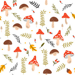 Seamless pattern with cute red mushrooms, leaves and fern on a white background. Autumn forest textures for fabric, packaging, textiles, wallpaper, clothing. Vector illustration.
