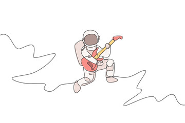 One continuous line drawing of astronaut with spacesuit playing acoustic guitar in galaxy universe. Outer space music concert concept. Dynamic single line draw design vector illustration graphic