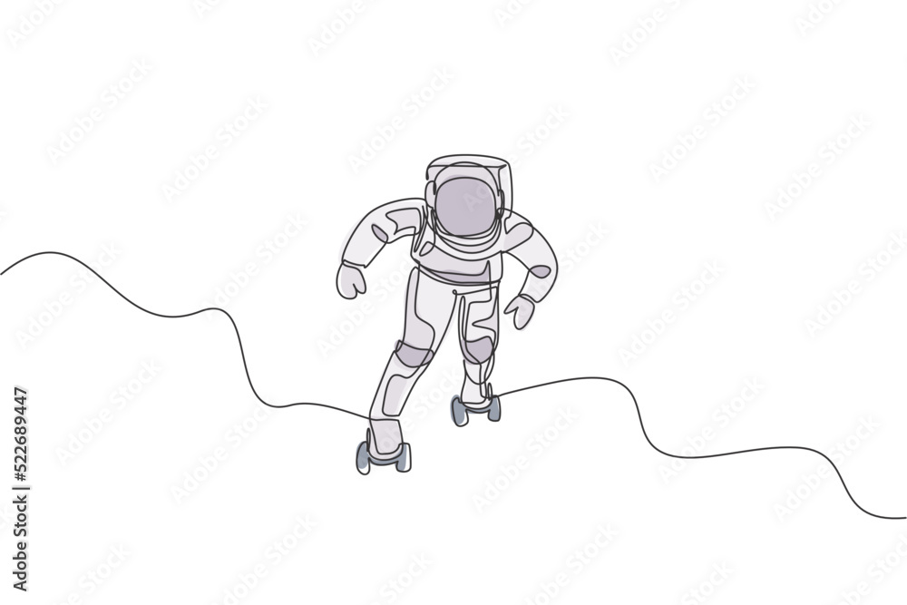 Poster single continuous line drawing of astronaut exercising on roller skates on moon surface, deep space.