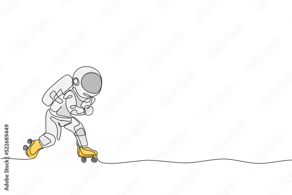 Poster one continuous line drawing of astronaut using roller skates on moon surface, deep space galaxy. spa
