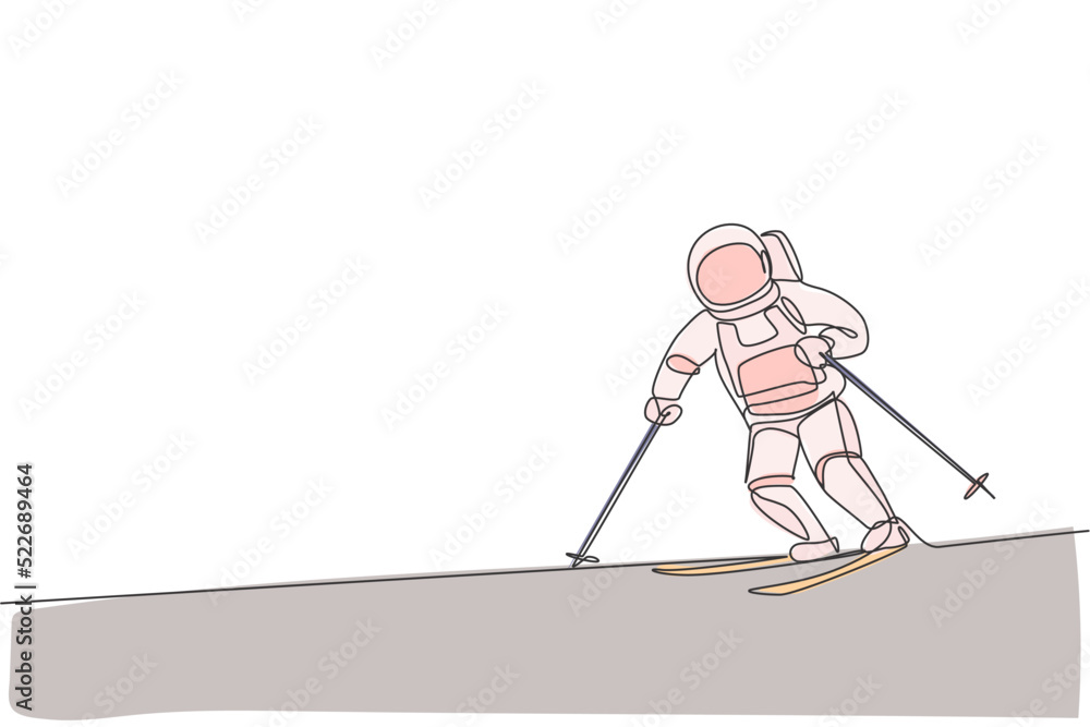 Poster single continuous line drawing of astronaut exercise skiing on moon surface, outer deep space. space