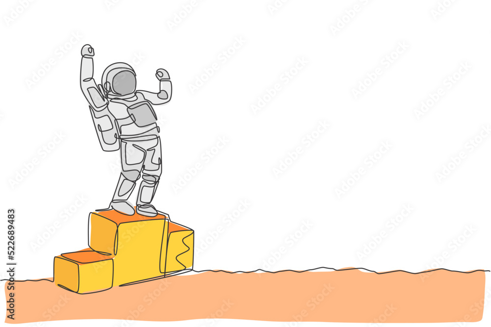 Poster one continuous line drawing of astronaut standing on first place podium. deep space galaxy. spaceman