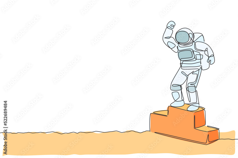 Aufkleber one continuous line drawing of astronaut standing on first place podium in deep space galaxy. spacem