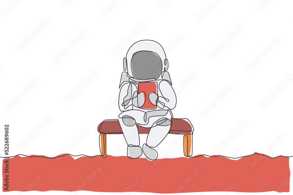 Aufkleber single continuous line drawing of astronaut siting relax on chair while reading news in tablet phone