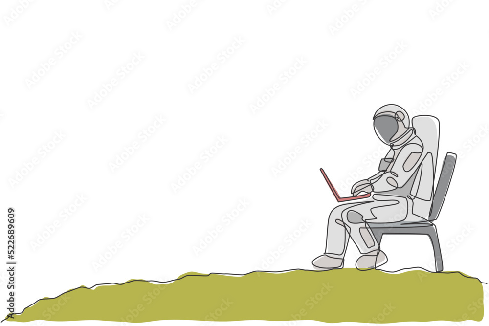 Poster one single line drawing of cosmonaut sitting on chair while typing in moon surface graphic vector il