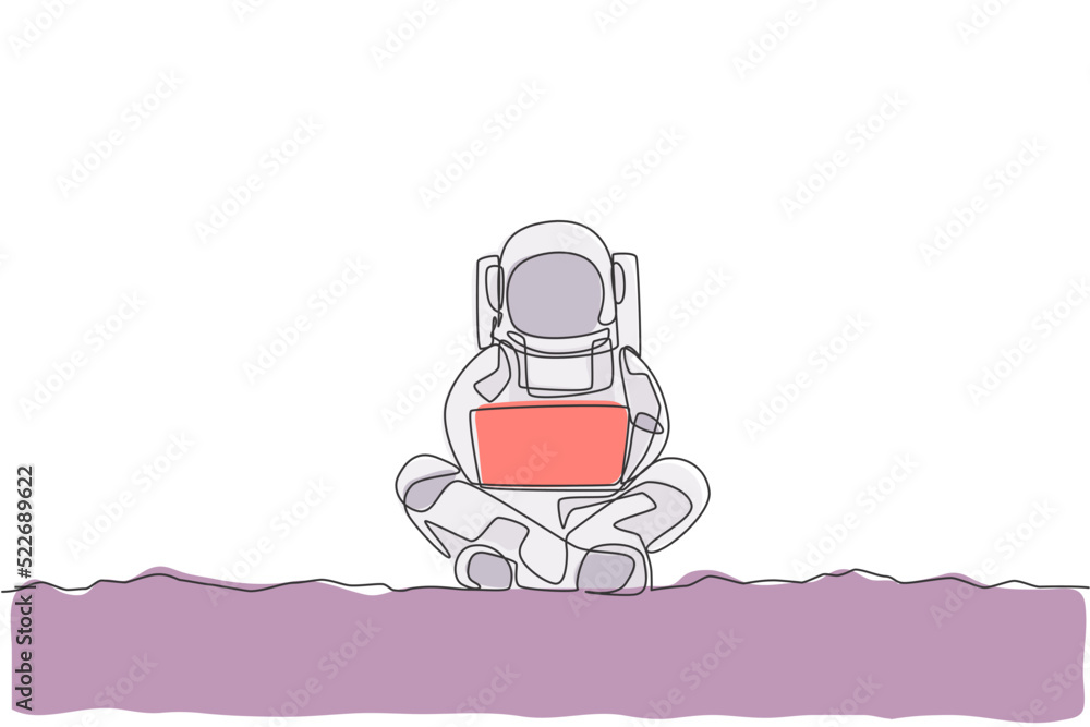 Poster one continuous line drawing of young spaceman on spacesuit sitting in moon surface while typing. ast