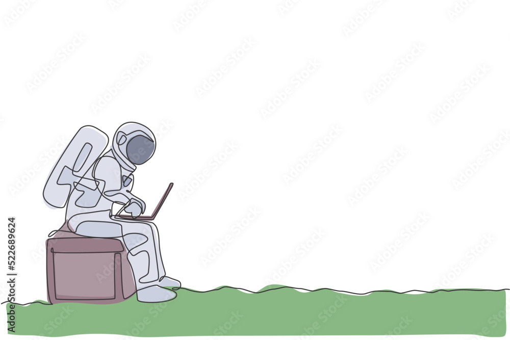 Poster one continuous line drawing spaceman on spacesuit siting on chair while typing in laptop. astronaut 