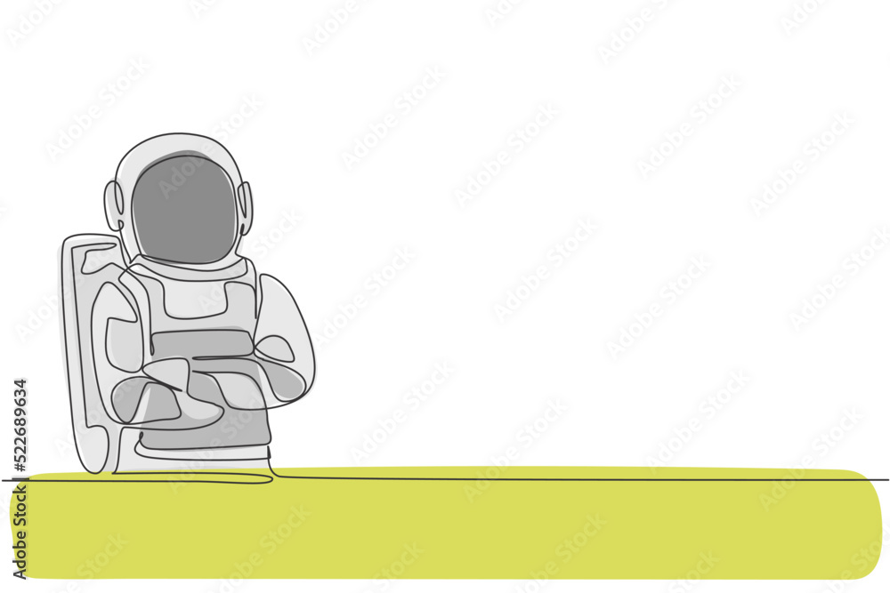 Poster one single line drawing of cosmonaut standing pose with style while crossed hands on chest vector il