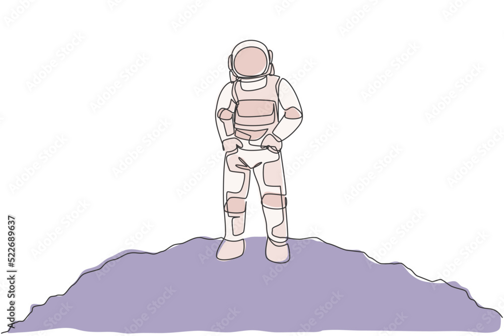 Poster one continuous line drawing of young spaceman on spacesuit put hands in pockets in moon surface. ast