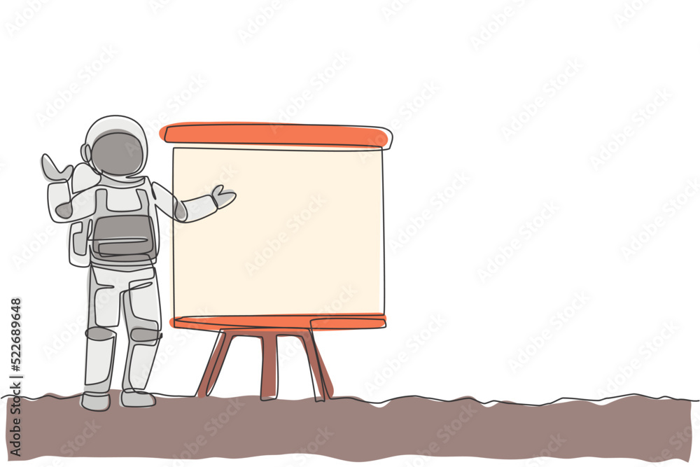 Poster one continuous line drawing of young spaceman on spacesuit gave business presentation in meeting. as