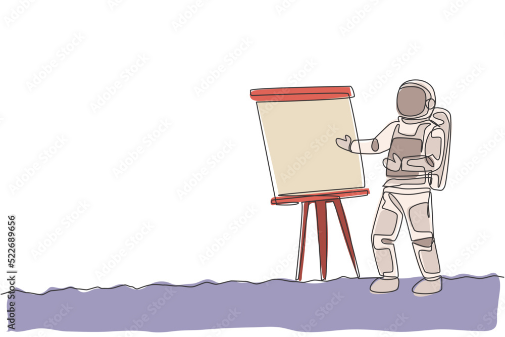 Poster single continuous line drawing of astronaut give marketing and sales data presentation in company me