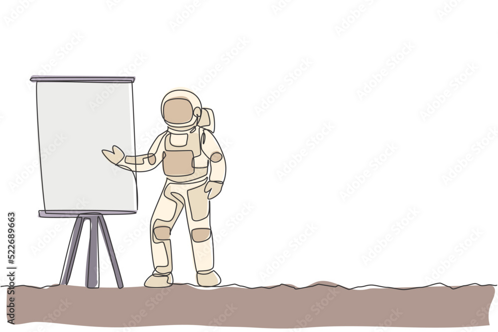 Poster one single line drawing cosmonaut giving business strategy presentation at meeting graphic vector il