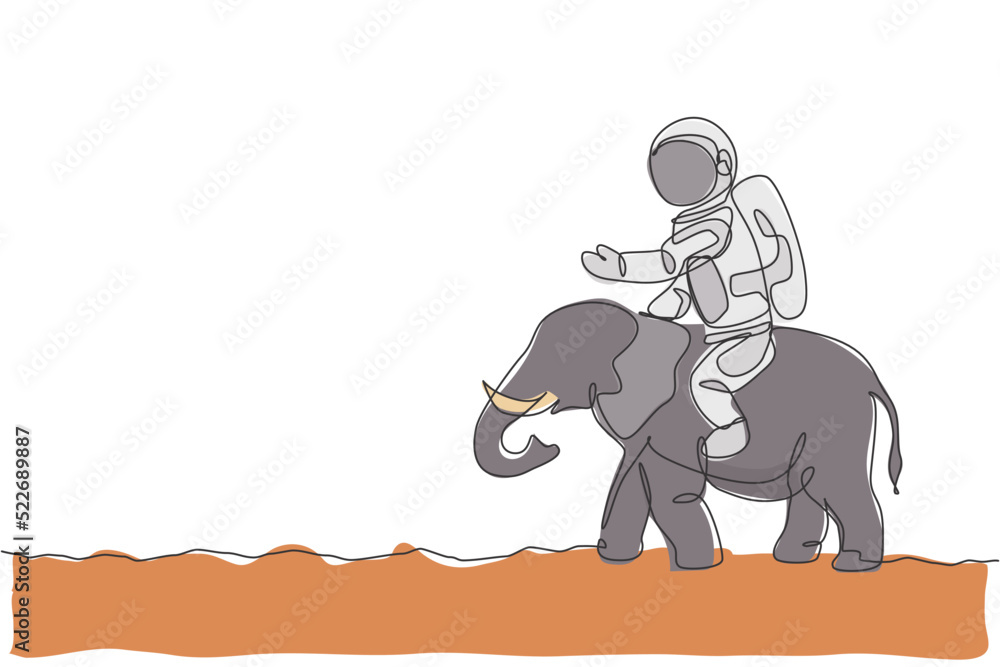 Poster one continuous line drawing of cosmonaut with spacesuit riding aisan elephant, wild animal in moon s