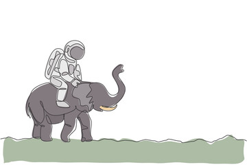 Single continuous line drawing of cosmonaut with spacesuit riding Asian elephant, wild animal in moon surface. Fantasy astronaut safari journey concept. Trendy one line draw design vector illustration