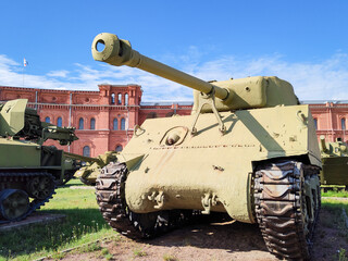 Obraz premium SAINT PETERSBURG, RUSSIA - July 28, 2022: American tank Sherman front view, fought in World War II