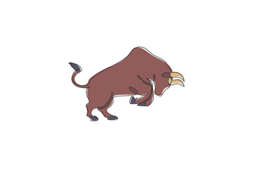 One continuous line drawing of angry Spanish bull. Wild animal national park conservation. Safari zoo concept. Dynamic single line draw design vector graphic illustration