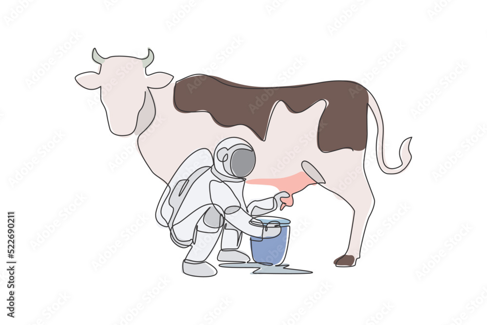 Poster one continuous line drawing of spaceman astronaut squat down milking cow and put into milk can bucke