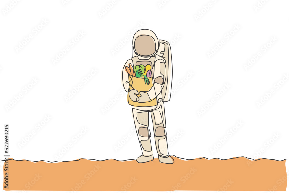 Poster one single line drawing of astronaut bring paper bag full of groceries on chest in moon surface in m