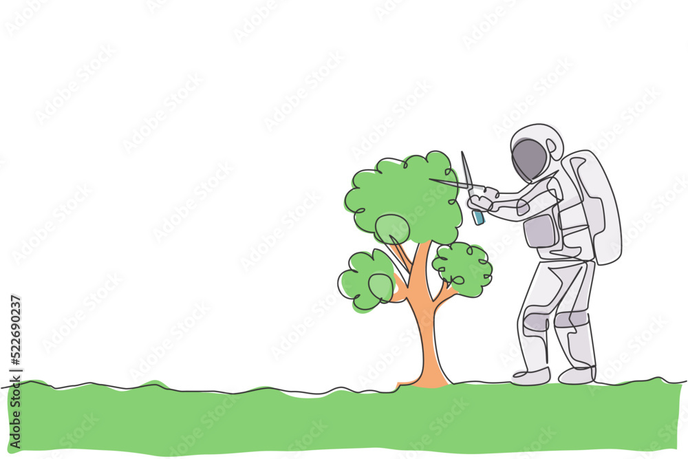 Poster one continuous line drawing of spaceman cutting tree leaf using gardening scissor in moon surface. d