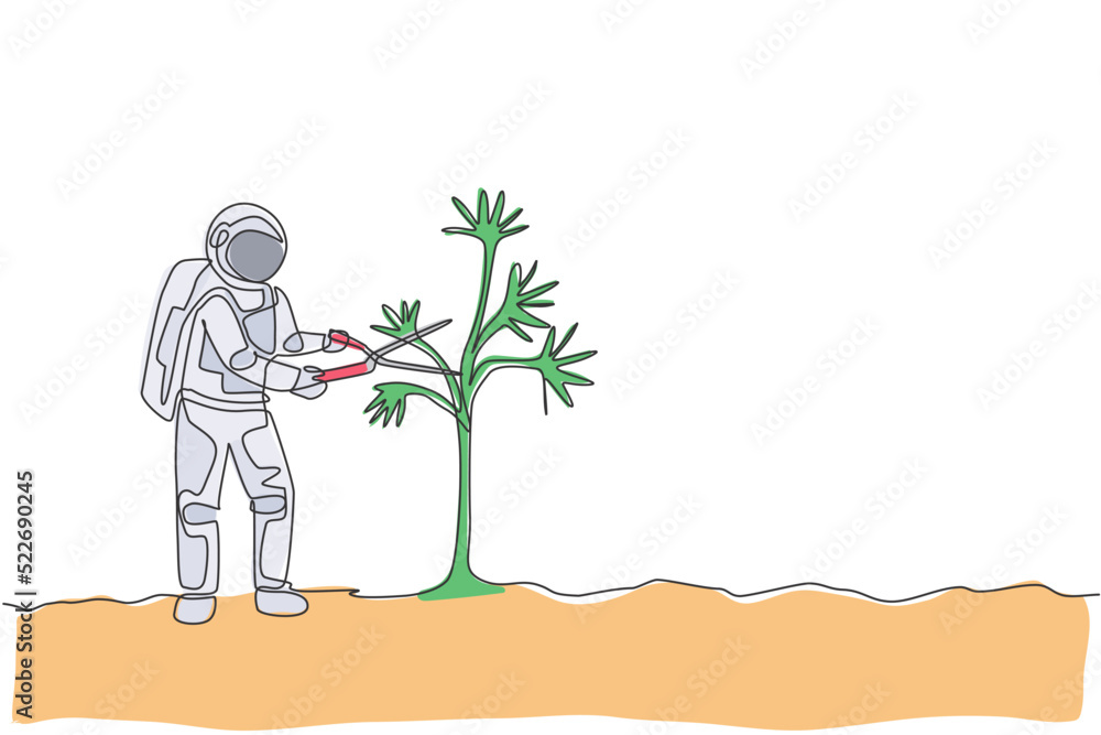 Poster one single line drawing of astronaut cutting tree leaf using gardening scissor in moon surface vecto
