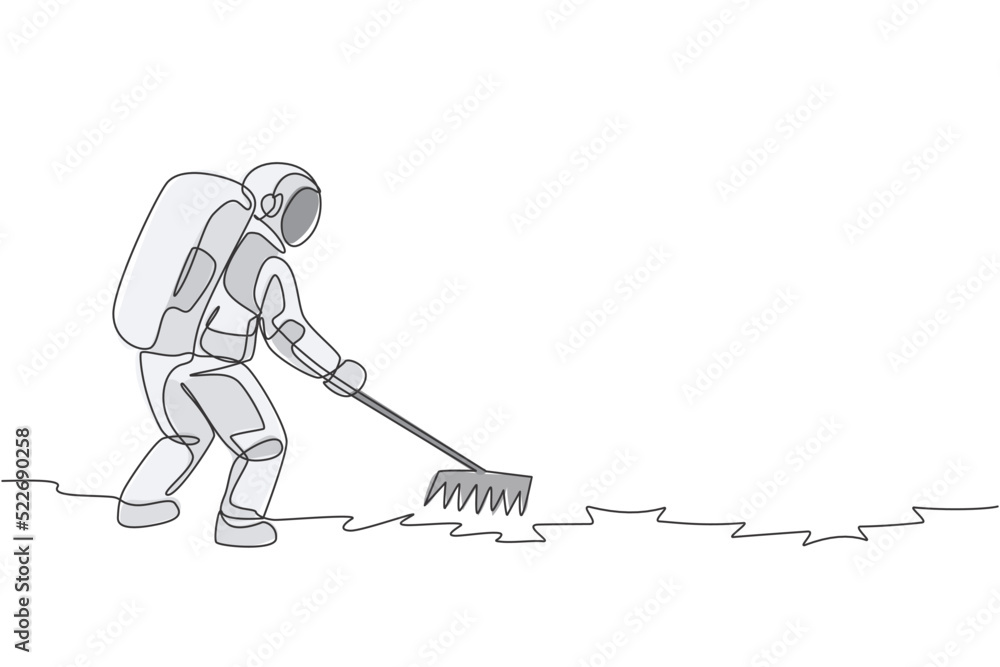 Poster one continuous line drawing of spaceman leveling and flattening land using metal rake in moon surfac