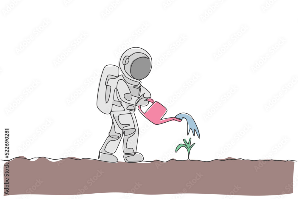 Poster one continuous line drawing of spaceman watering plant tree using metal watering can in moon surface