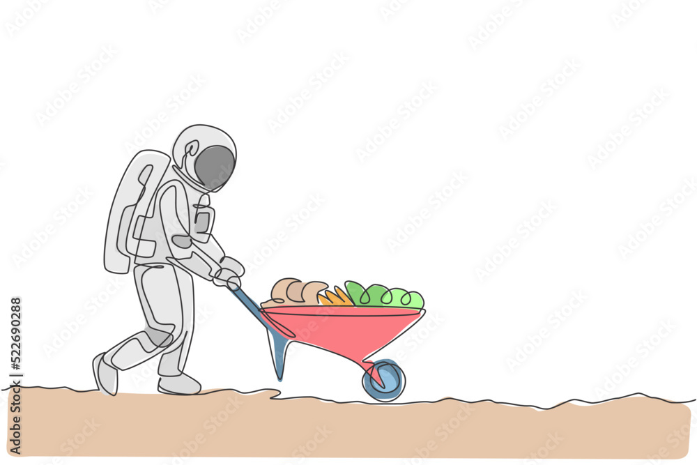 Poster one single line drawing of astronaut pushing wheelbarrow full of fruits and vegetables in moon surfa