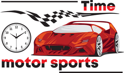 Race time vector banner. Red race car, start-finish flag, timer and inscription in English.