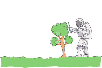 One continuous line drawing of spaceman cutting tree leaf using gardening scissor in moon surface. Deep space gardening astronaut concept. Dynamic single line draw design graphic vector illustration