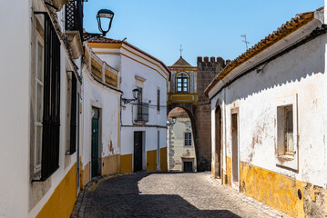 Scenic view of the old town of Elvas in Alentejo, Portugal. Narrow streets of whitewashed white houses