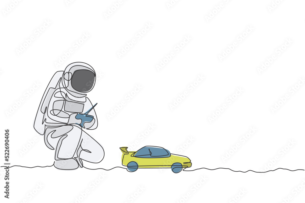 Poster one single line drawing of astronaut playing race car radio control in moon land vector illustration
