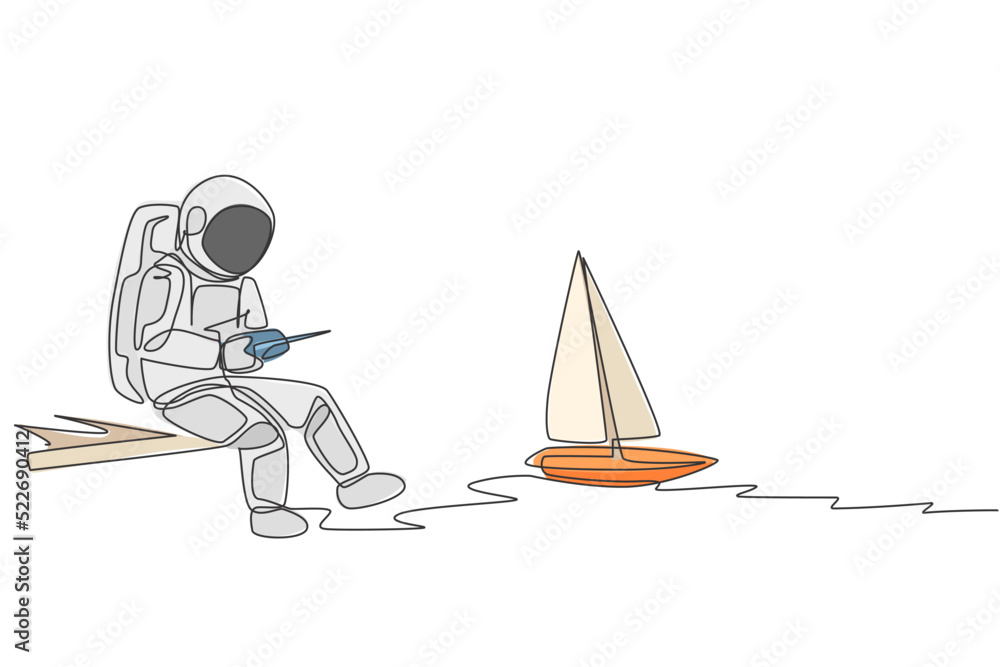 Poster one continuous line drawing of astronaut playing sailboat radio control in moon cosmic galaxy. outer