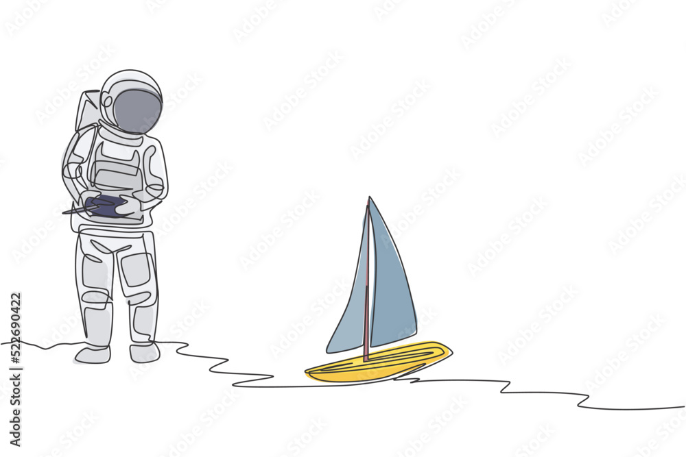 Poster one single line drawing of astronaut playing sailboat radio control in moon land vector graphic illu