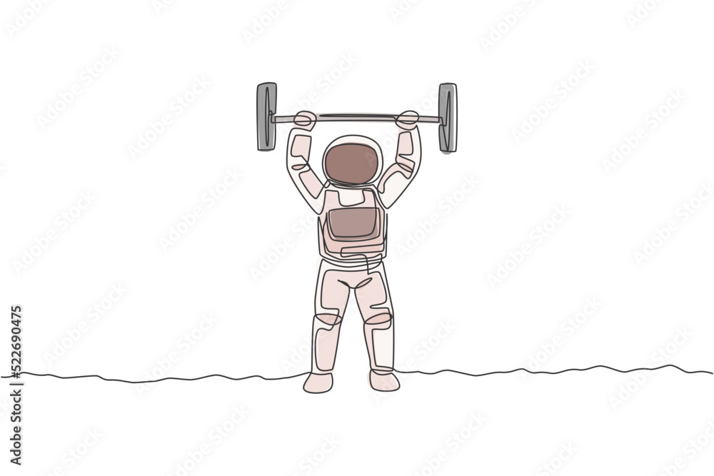 Poster single continuous line drawing of muscular astronaut train lifting barbell in moon surface. bodybuil