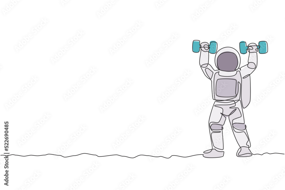 Aufkleber one continuous line drawing of astronaut exercising lifting dumbbell in moon cosmic galaxy. outer sp