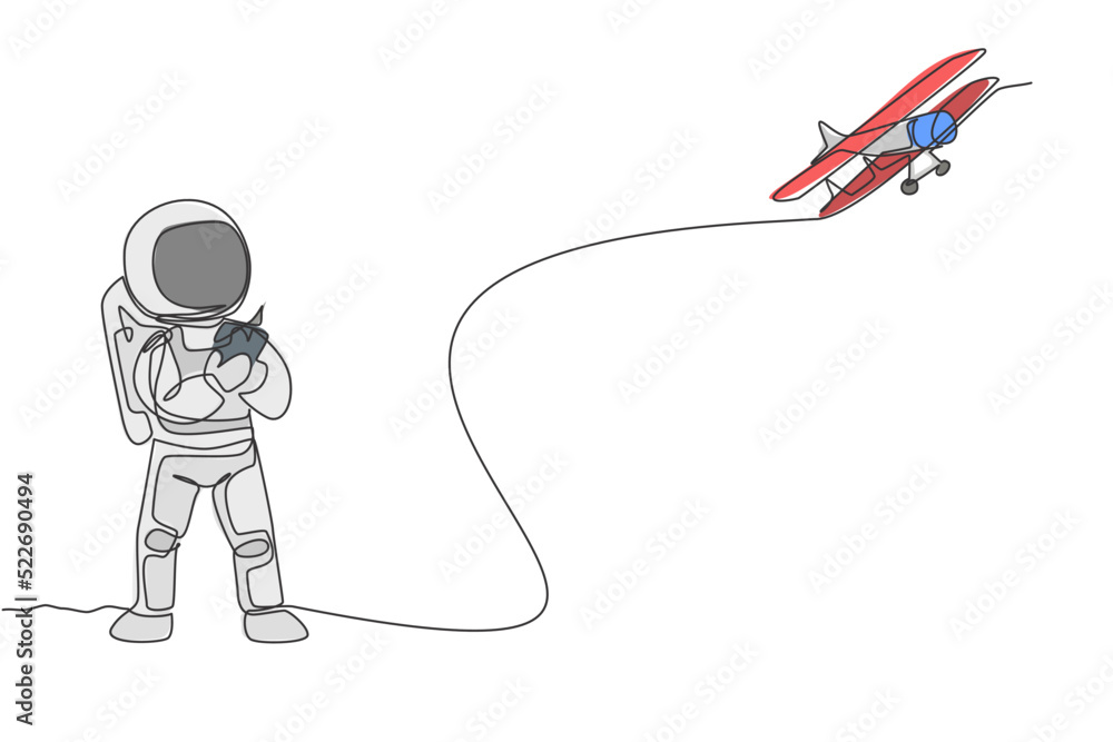Poster one single line drawing of astronaut playing airplane radio control in moon land graphic vector illu