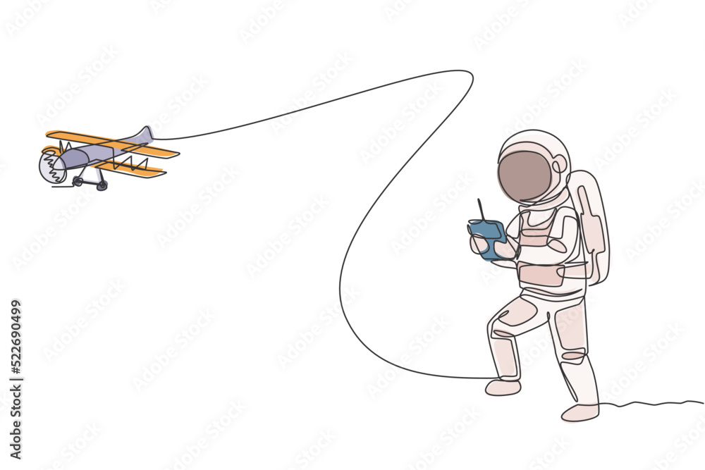 Poster single continuous line drawing of astronaut playing airplane radio control in moon surface. having f