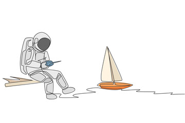 One continuous line drawing of astronaut playing sailboat radio control in moon cosmic galaxy. Outer space hobby and lifestyle concept. Dynamic single line draw graphic design vector illustration