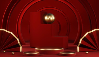 Fototapeta premium 3D rendering of blank product background for cream cosmetics Modern red podium background