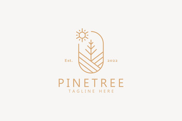 Pine Tree and Fir Abstract Logo Concept. Outdoor Park and Forest Adventure Vacation Sign Symbol.
