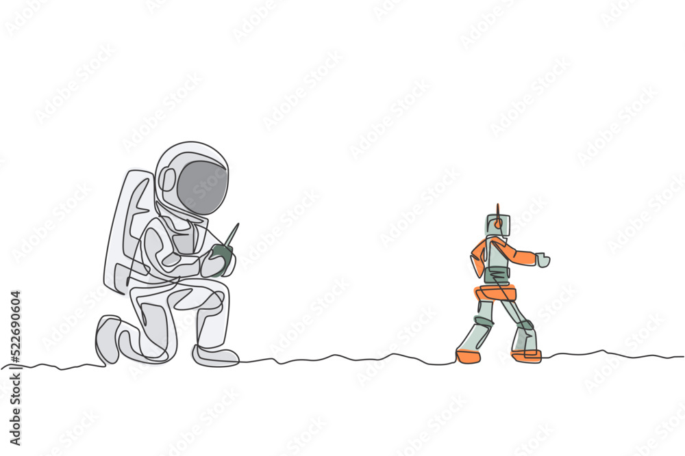 Poster one continuous line drawing of astronaut playing robot radio control in moon cosmic galaxy. outer sp