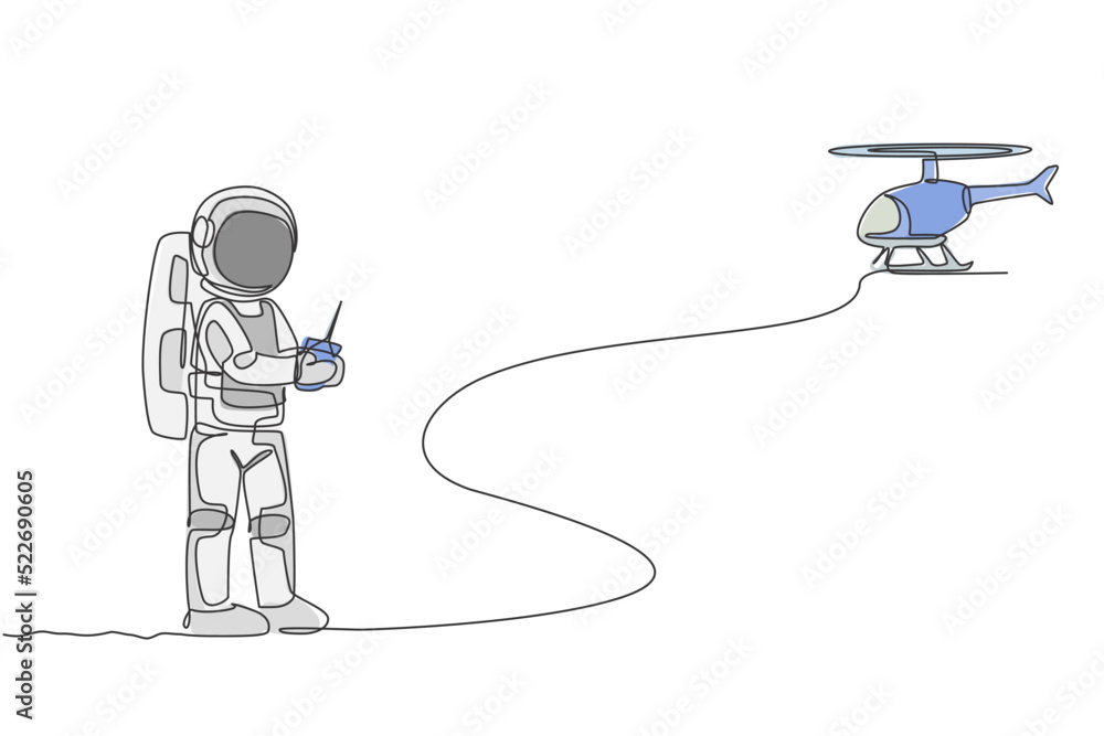 Aufkleber single continuous line drawing of astronaut playing helicopter radio control in moon surface. having