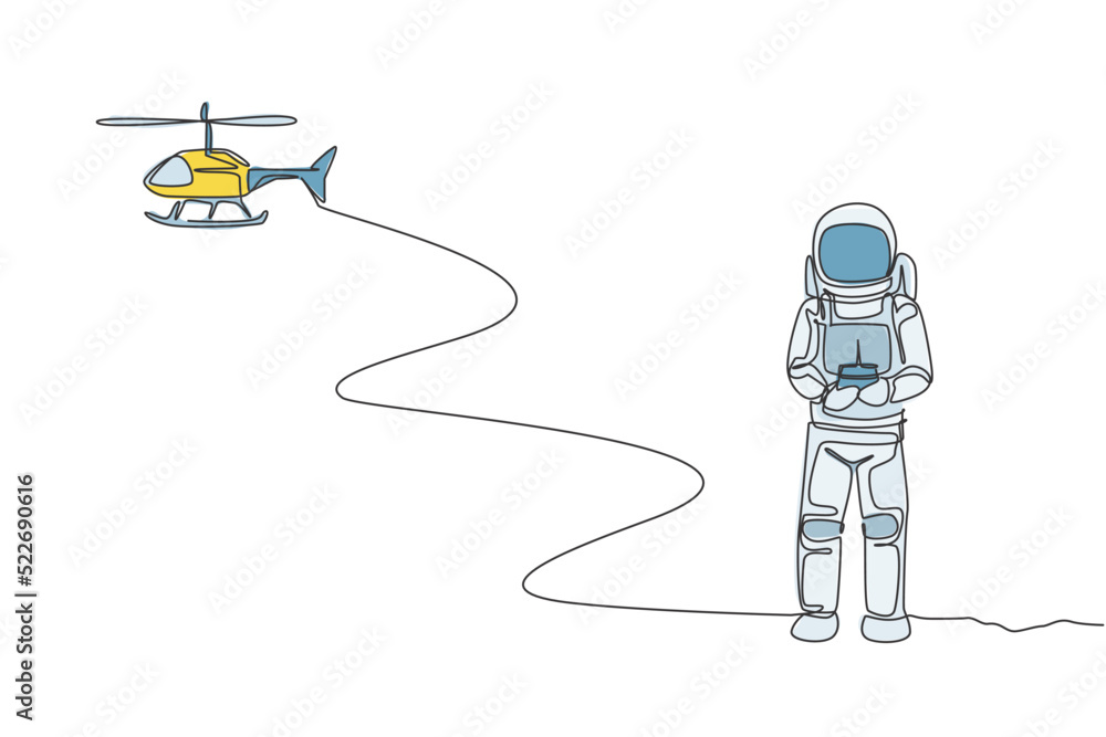 Poster single continuous line drawing of astronaut playing helicopter radio control in moon surface. having