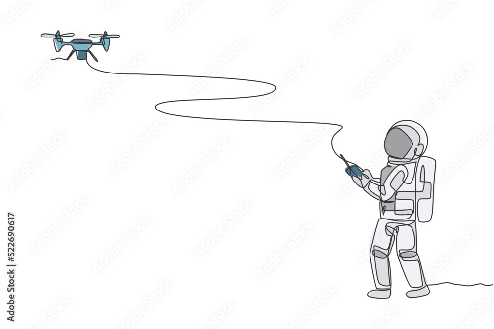 Poster one continuous line drawing of astronaut playing drone plane radio control in moon cosmic galaxy. ou