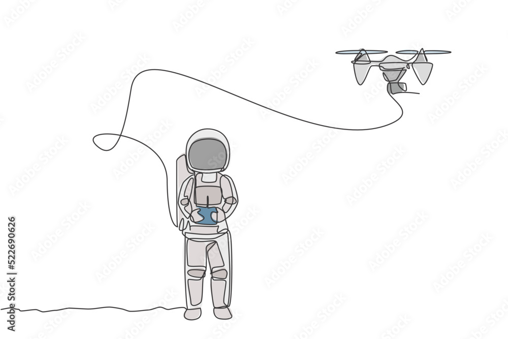 Poster one single line drawing astronaut playing drone plane radio control in moon land graphic vector illu
