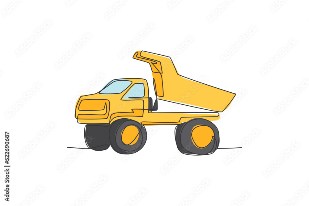 Poster one single line drawing of big mining dump truck to load coal and mining products vector illustratio